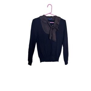 KEITH Sweater Womens Small Black 100% Wool Striped Tie Neck Bow‎ Pullover Knit